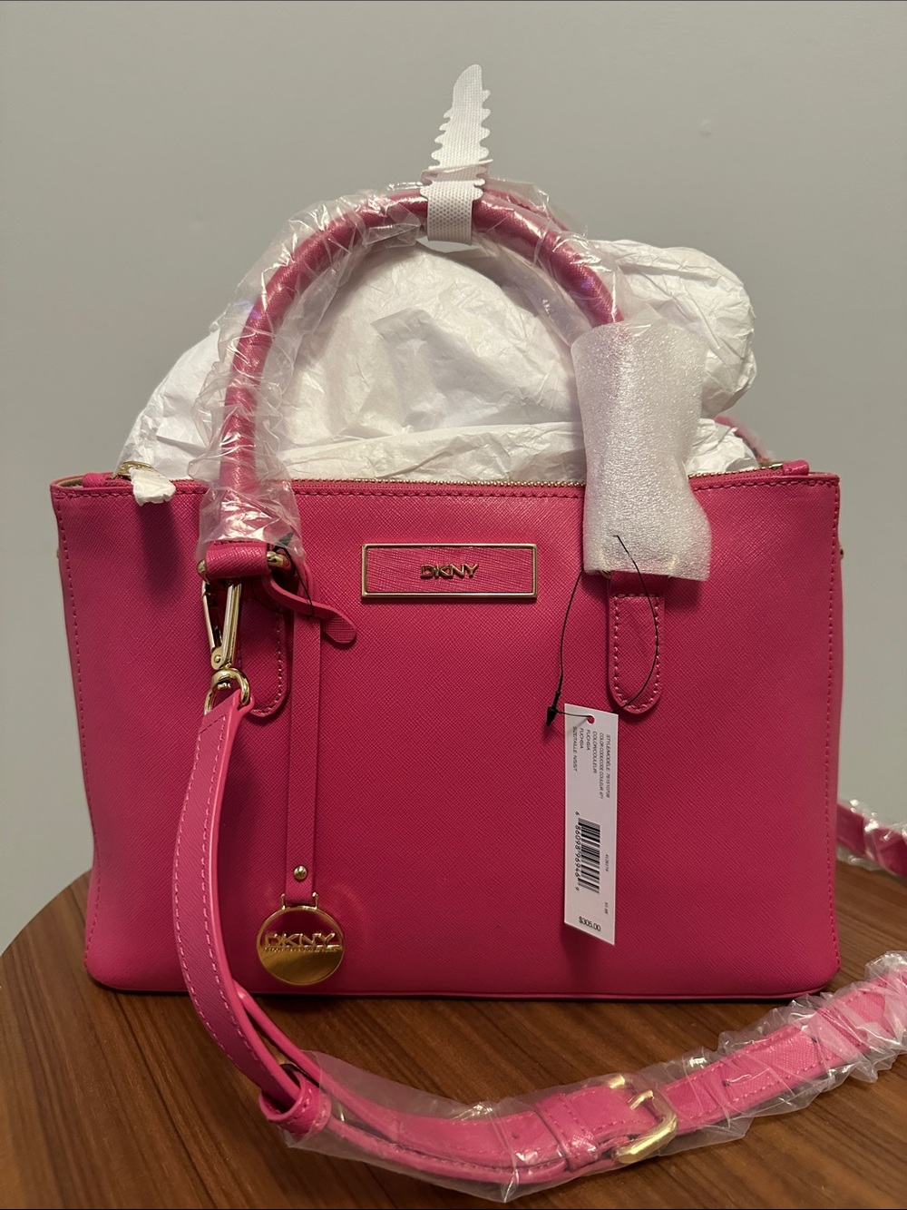 DKNY Hot Pink Structured Saffiano Satchel with Gold Hardware